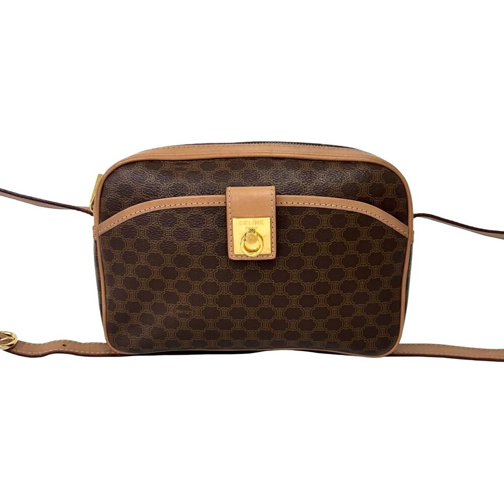 CELINE Vintage Logo Ring Hardware Macadam Blazon Pattern Leather Shoulder Bag...